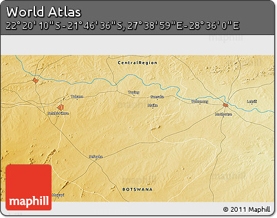 Physical 3D Map of the Area around 22° 3' 23" S, 28° 7' 30" E