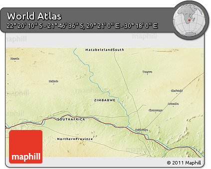 Physical 3D Map of the Area around 22° 3' 23" S, 29° 49' 30" E