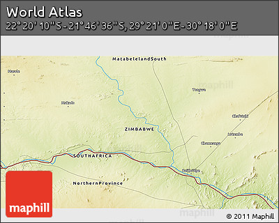 Physical 3D Map of the Area around 22° 3' 23" S, 29° 49' 30" E