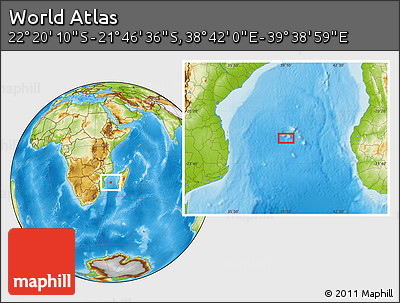 Physical Location Map of the Area around 22° 3' 23" S, 39° 10' 29" E