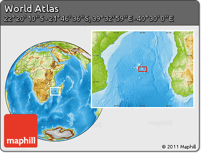 Physical Location Map of the Area around 22° 3' 23" S, 40° 1' 29" E