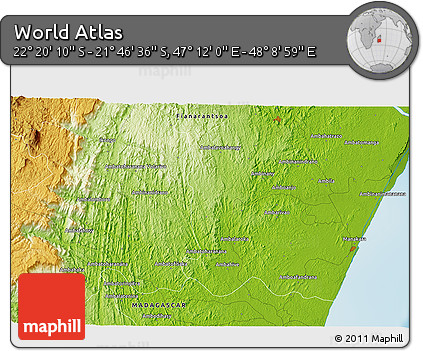 Physical 3D Map of the Area around 22° 3' 23" S, 47° 40' 29" E