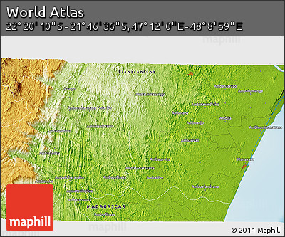 Physical 3D Map of the Area around 22° 3' 23" S, 47° 40' 29" E