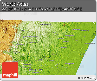 Physical 3D Map of the Area around 22° 3' 23" S, 47° 40' 29" E