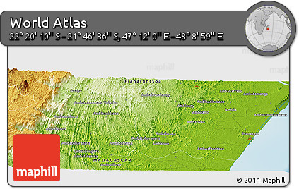 Physical Panoramic Map of the Area around 22° 3' 23" S, 47° 40' 29" E