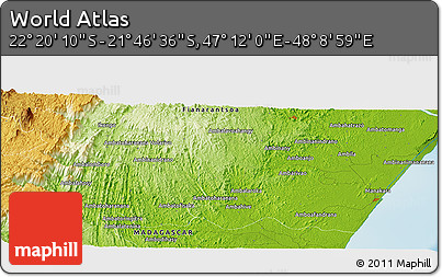 Physical Panoramic Map of the Area around 22° 3' 23" S, 47° 40' 29" E