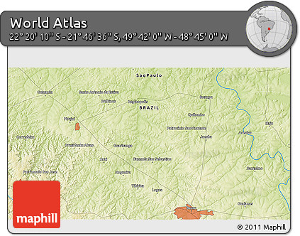 Physical 3D Map of the Area around 22° 3' 23" S, 49° 13' 30" W