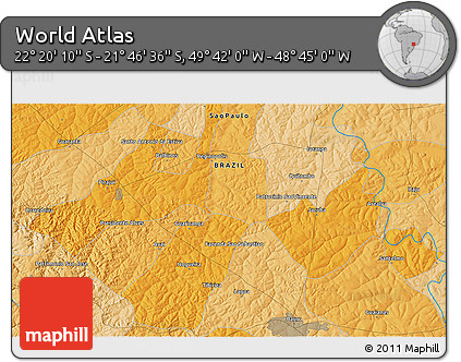 Political 3D Map of the Area around 22° 3' 23" S, 49° 13' 30" W