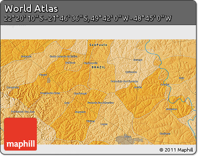 Political 3D Map of the Area around 22° 3' 23" S, 49° 13' 30" W