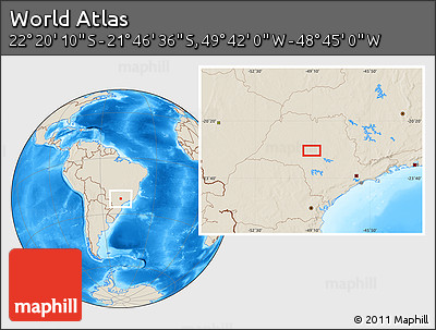 Shaded Relief Location Map of the Area around 22° 3' 23" S, 49° 13' 30" W