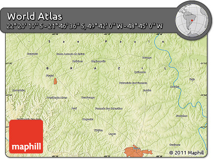 Physical Map of the Area around 22° 3' 23" S, 49° 13' 30" W