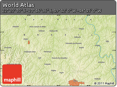 Physical Map of the Area around 22° 3' 23" S, 49° 13' 30" W