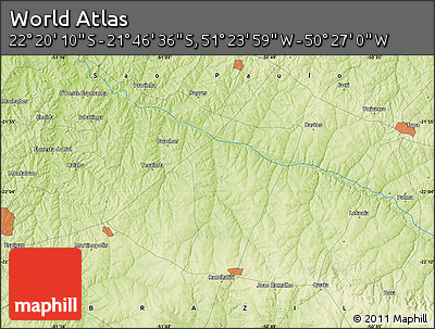 Physical Map of the Area around 22° 3' 23" S, 50° 55' 29" W