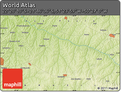 Physical Map of the Area around 22° 3' 23" S, 50° 55' 29" W