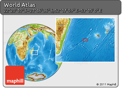 Physical Location Map of the Area around 22° 3' 23" S, 52° 46' 29" E