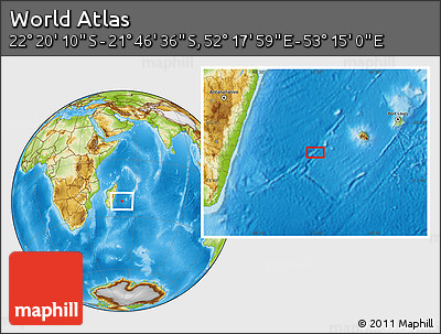 Physical Location Map of the Area around 22° 3' 23" S, 52° 46' 29" E