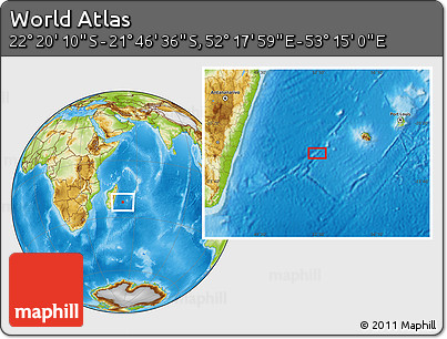 Physical Location Map of the Area around 22° 3' 23" S, 52° 46' 29" E