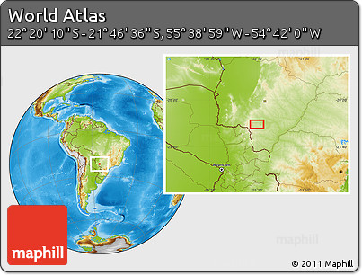 Physical Location Map of the Area around 22° 3' 23" S, 55° 10' 29" W
