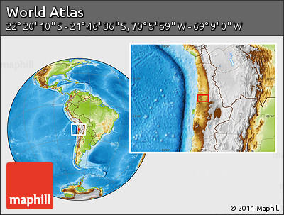 Physical Location Map of the Area around 22° 3' 23" S, 69° 37' 30" W