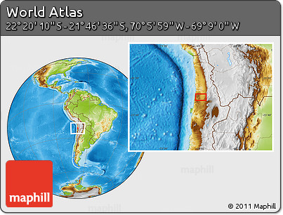 Physical Location Map of the Area around 22° 3' 23" S, 69° 37' 30" W