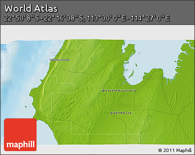 Physical 3D Map of the Area around 22° 33' 23" S, 113° 58' 29" E