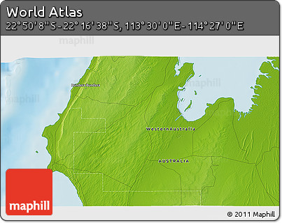 Physical 3D Map of the Area around 22° 33' 23" S, 113° 58' 29" E