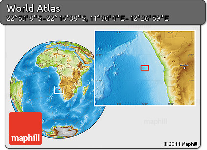 Physical Location Map of the Area around 22° 33' 23" S, 11° 58' 29" E