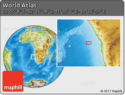 Physical Location Map of the Area around 22° 33' 23" S, 11° 58' 29" E