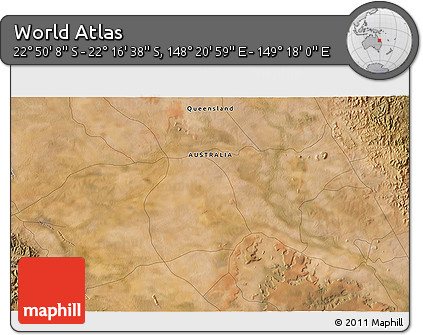 Satellite 3D Map of the Area around 22° 33' 23" S, 148° 49' 29" E
