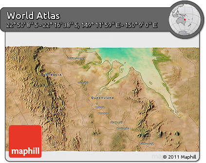 Satellite 3D Map of the Area around 22° 33' 23" S, 149° 40' 30" E