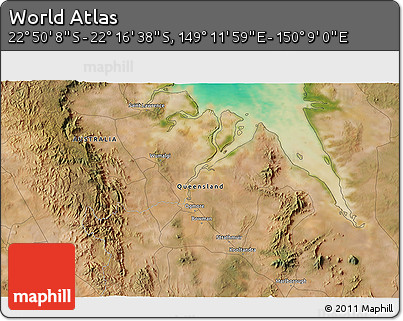 Satellite 3D Map of the Area around 22° 33' 23" S, 149° 40' 30" E