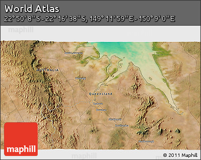 Satellite 3D Map of the Area around 22° 33' 23" S, 149° 40' 30" E