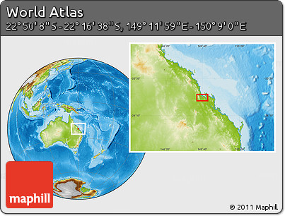 Physical Location Map of the Area around 22° 33' 23" S, 149° 40' 30" E