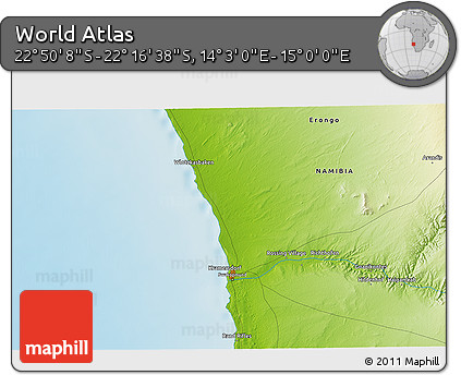 Physical 3D Map of the Area around 22° 33' 23" S, 14° 31' 30" E