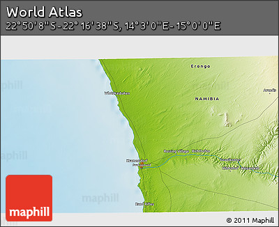 Physical 3D Map of the Area around 22° 33' 23" S, 14° 31' 30" E