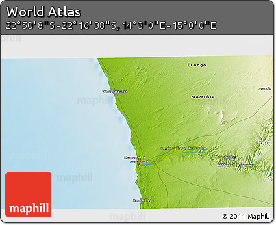 Physical 3D Map of the Area around 22° 33' 23" S, 14° 31' 30" E