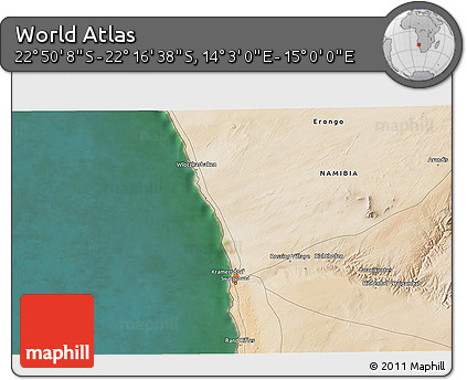 Satellite 3D Map of the Area around 22° 33' 23" S, 14° 31' 30" E