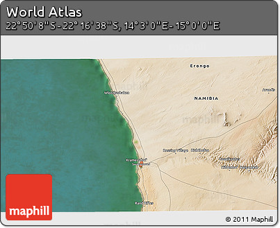 Satellite 3D Map of the Area around 22° 33' 23" S, 14° 31' 30" E