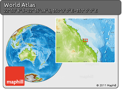Physical Location Map of the Area around 22° 33' 23" S, 150° 31' 30" E