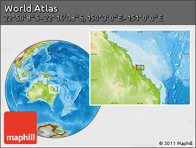 Physical Location Map of the Area around 22° 33' 23" S, 150° 31' 30" E