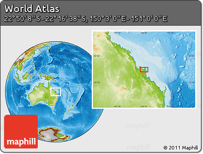 Physical Location Map of the Area around 22° 33' 23" S, 150° 31' 30" E