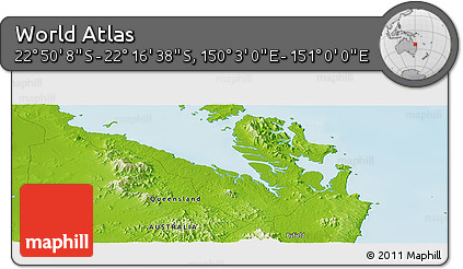 Physical Panoramic Map of the Area around 22° 33' 23" S, 150° 31' 30" E