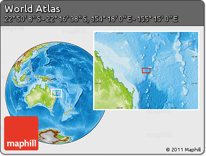 Physical Location Map of the Area around 22° 33' 23" S, 154° 46' 30" E