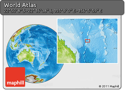 Physical Location Map of the Area around 22° 33' 23" S, 155° 37' 30" E