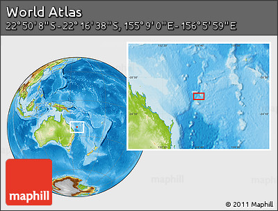 Physical Location Map of the Area around 22° 33' 23" S, 155° 37' 30" E