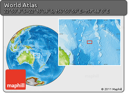 Physical Location Map of the Area around 22° 33' 23" S, 157° 19' 29" E