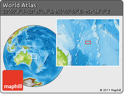 Physical Location Map of the Area around 22° 33' 23" S, 157° 19' 29" E