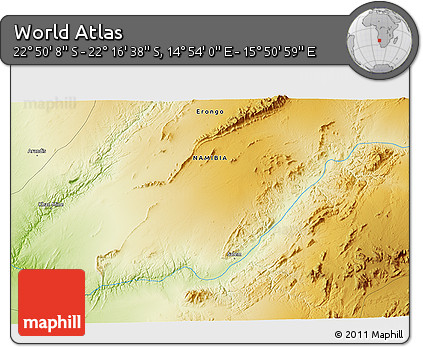 Physical 3D Map of the Area around 22° 33' 23" S, 15° 22' 30" E