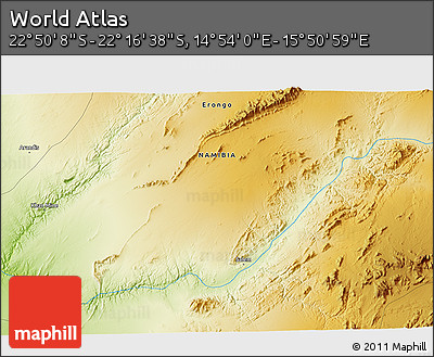 Physical 3D Map of the Area around 22° 33' 23" S, 15° 22' 30" E