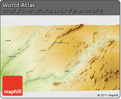 Physical 3D Map of the Area around 22° 33' 23" S, 15° 22' 30" E